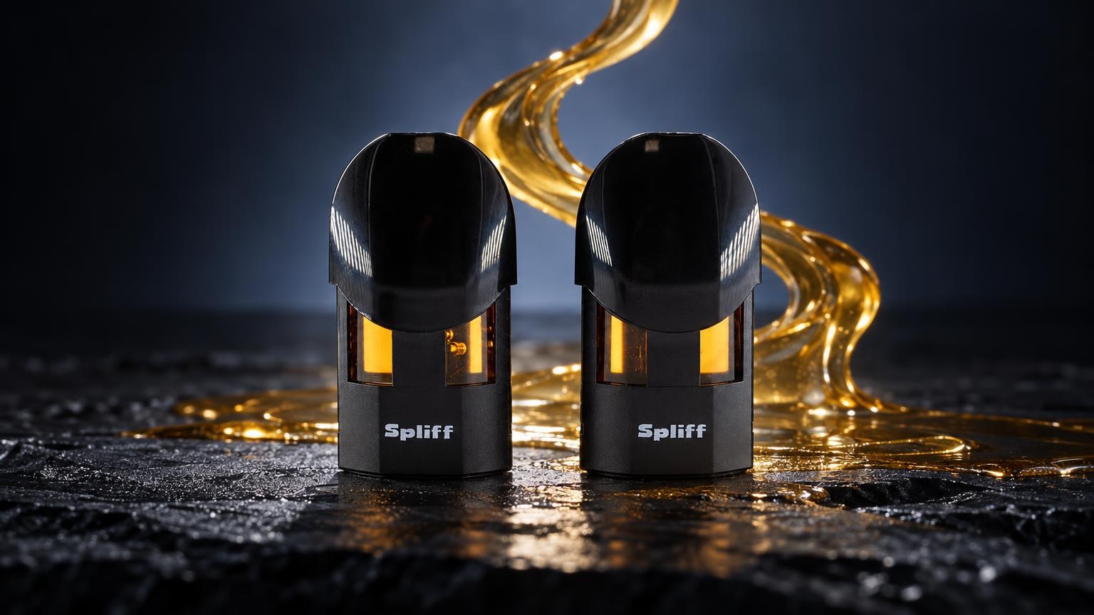 Zwei schwarze Magic Pods mit goldenen Ăffnungen auf glĂ€nzendem Untergrund, goldene FlĂŒssigkeit im Hintergrund