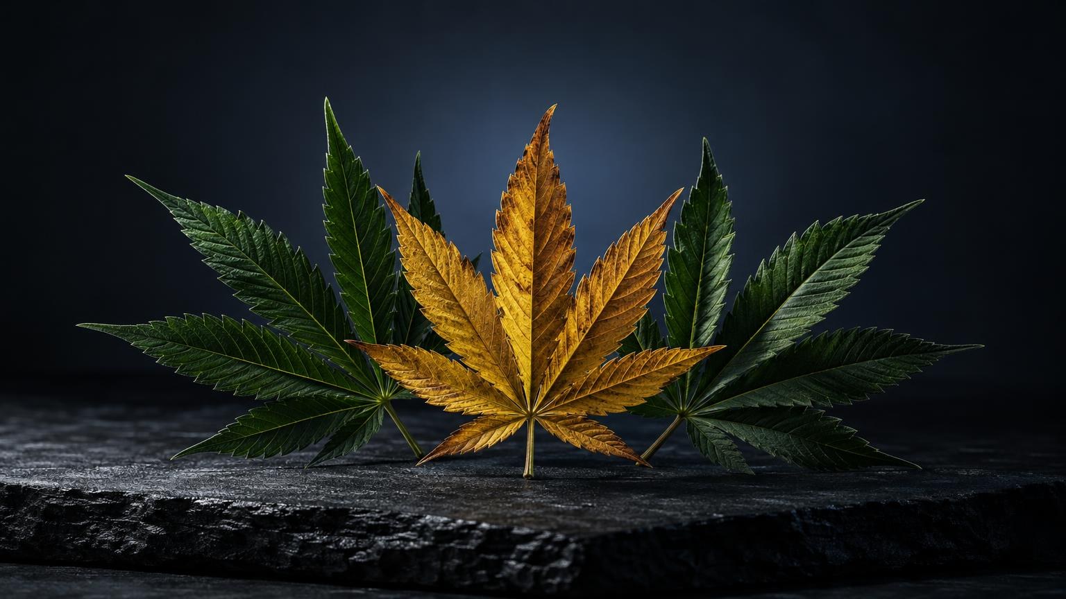 THCA: cannabisblatt mit grĂŒnen und goldenen FĂ€rbungen auf dunklem Untergrund, zeigt natĂŒrliche Pflanzenmorphologie