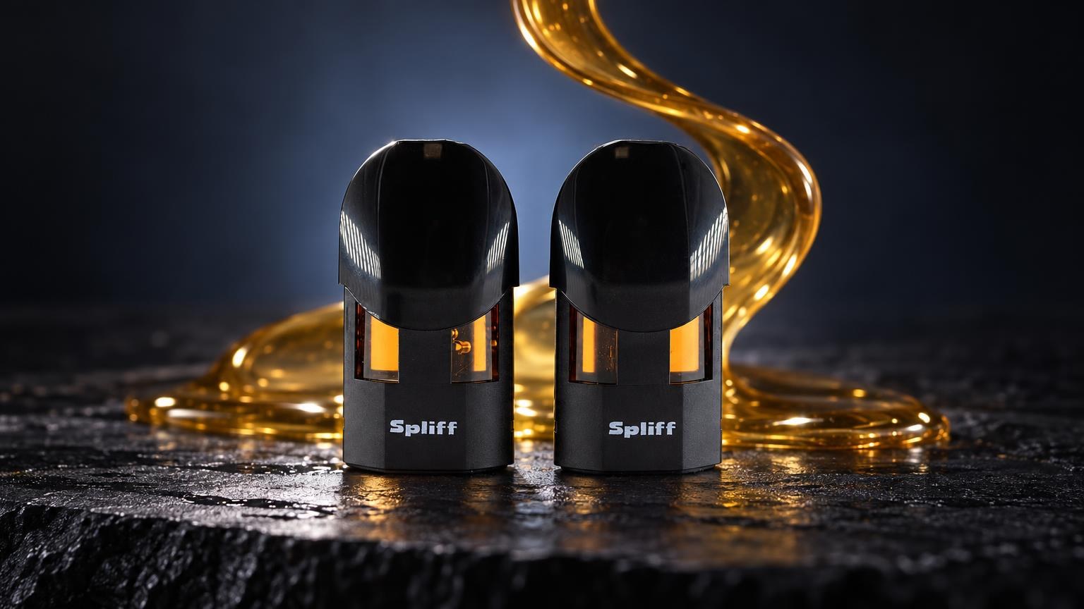 Zwei schwarze Magic Pods mit goldener Flüssigkeit, zum Thema THCP-Cannabinoide.