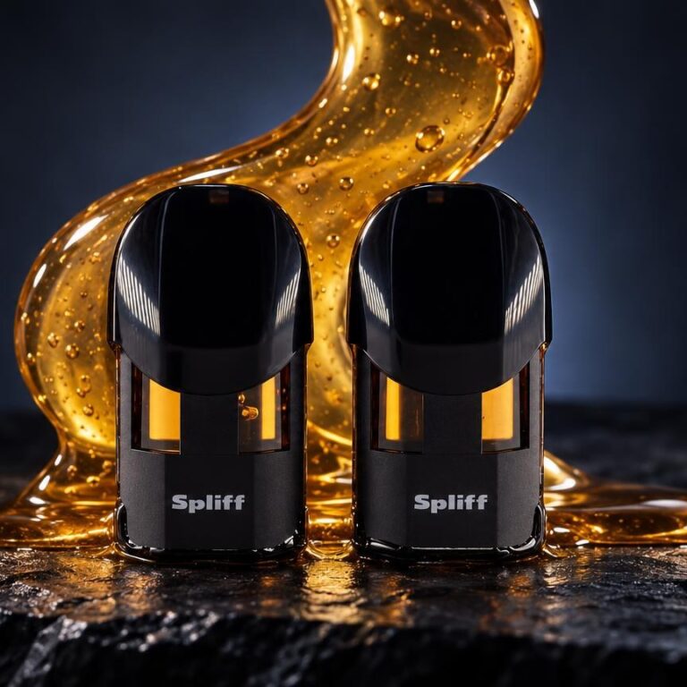 Deux cartouches noires Magic Pod Live Rosin côte à côte avec résine dorée liquide s'écoulant derrière, THCV c'est quoi