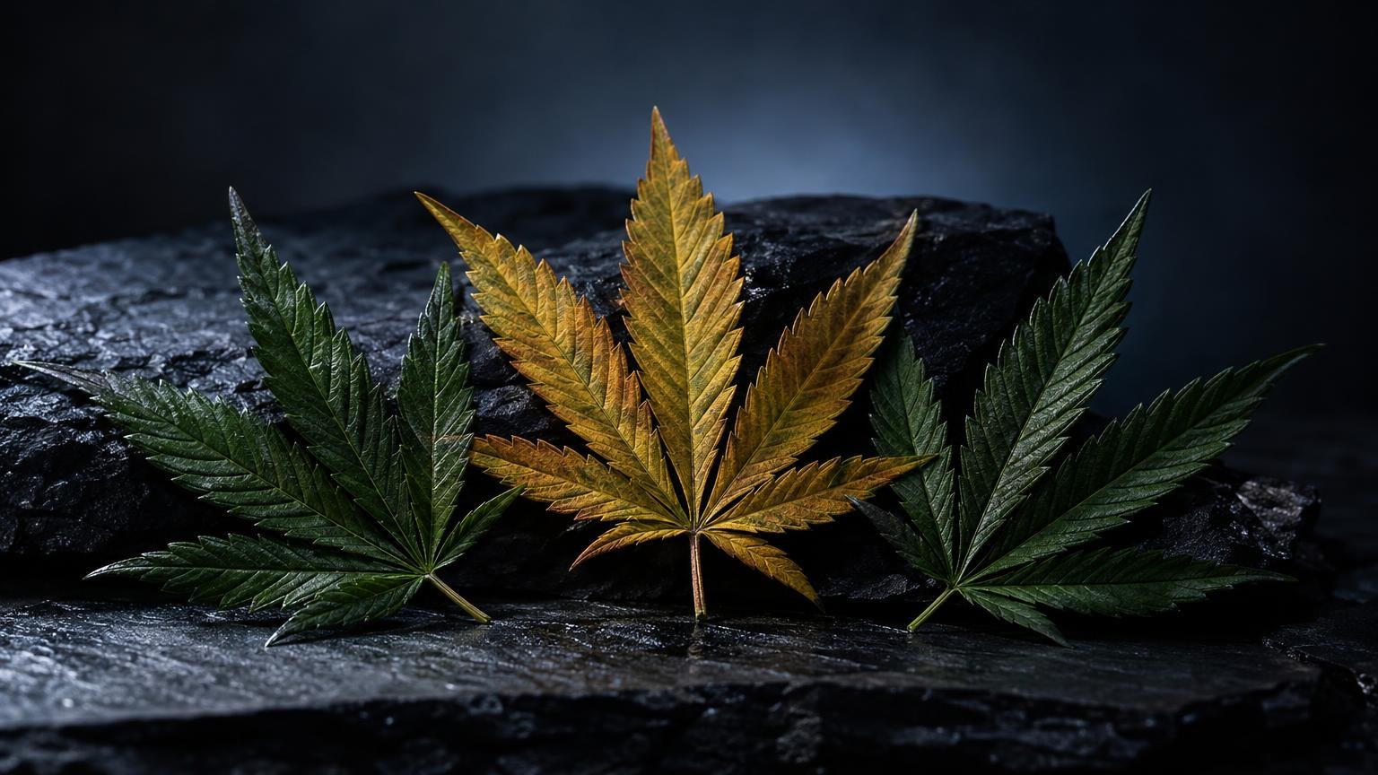 THCX: golden and green cannabis leaves arranged on dark stone, symbolizing cannabinoid variety and natural compounds