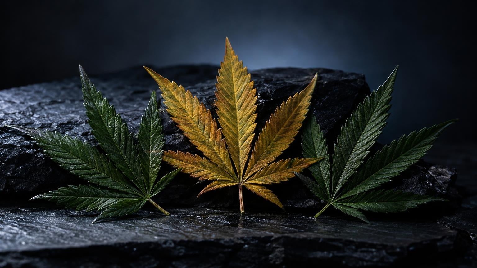 Trois feuilles de cannabis sur une roche sombre, celle du centre dorée : le THCX parmi les cannabinoïdes