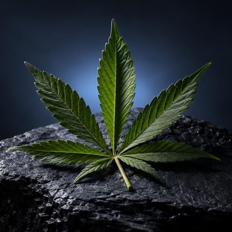 Feuille de cannabis aux sept folioles vertes sur une roche noire, fond bleu sombre, pour article THCX vs HHC