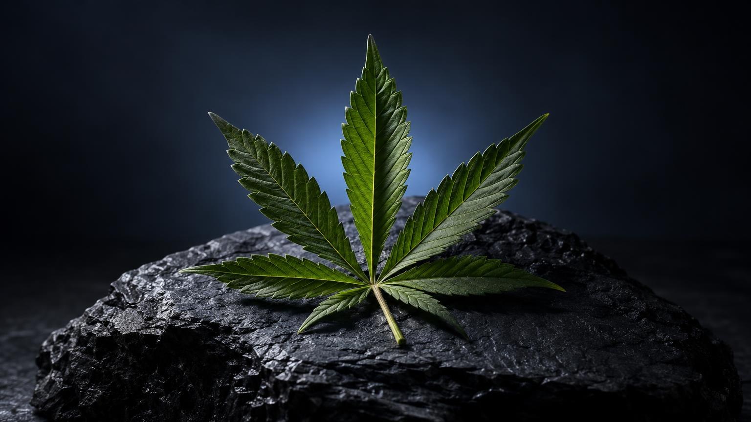 Feuille de cannabis aux sept folioles vertes sur une roche noire, fond bleu sombre