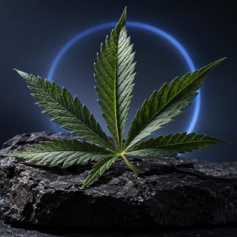 Feuille de cannabis aux sept folioles sur roche grise, fond bleu luminescent, illustrant la comparaison THCX vs THC