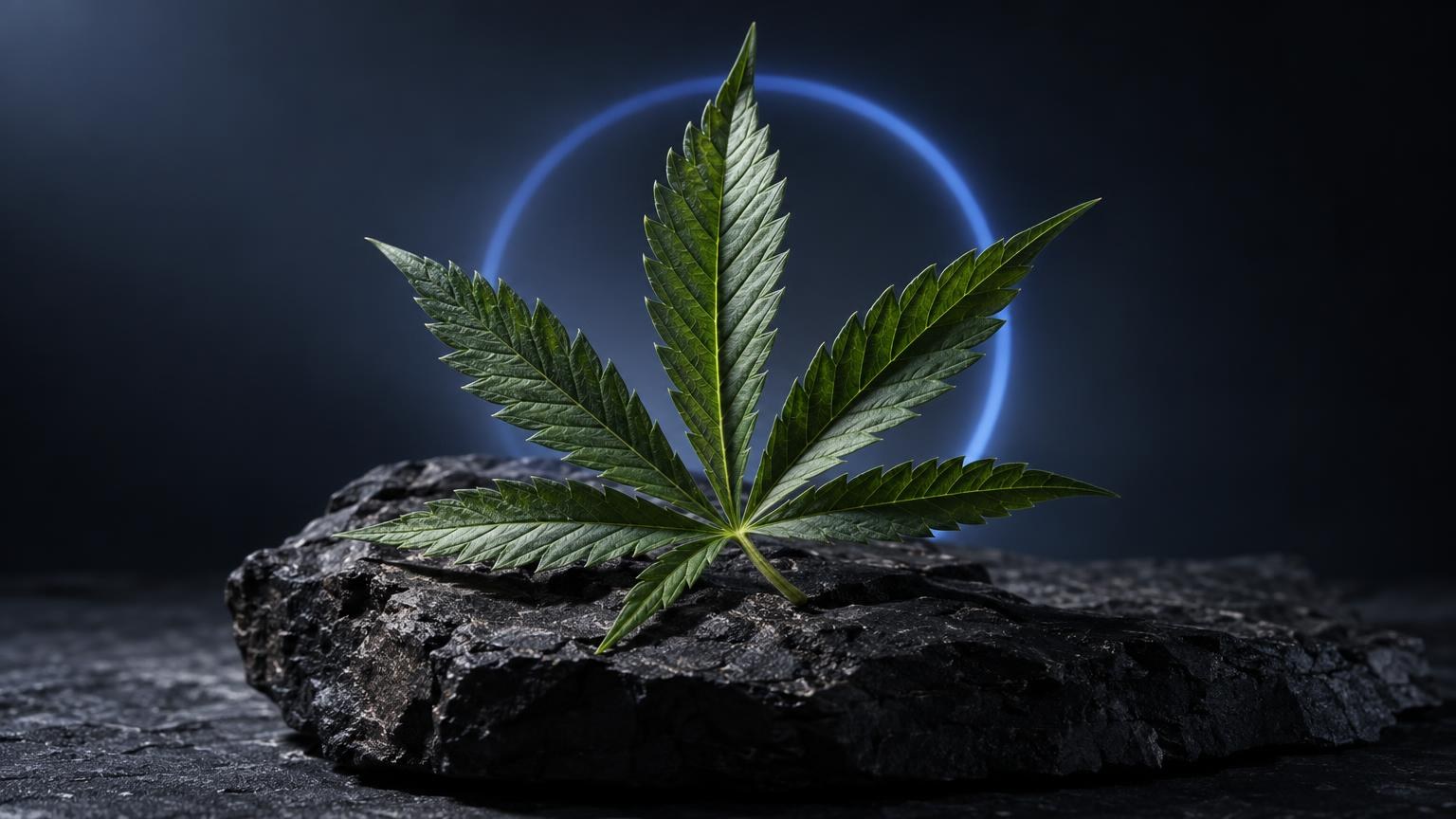 Feuille de cannabis aux sept folioles sur roche grise, fond bleu luminescent