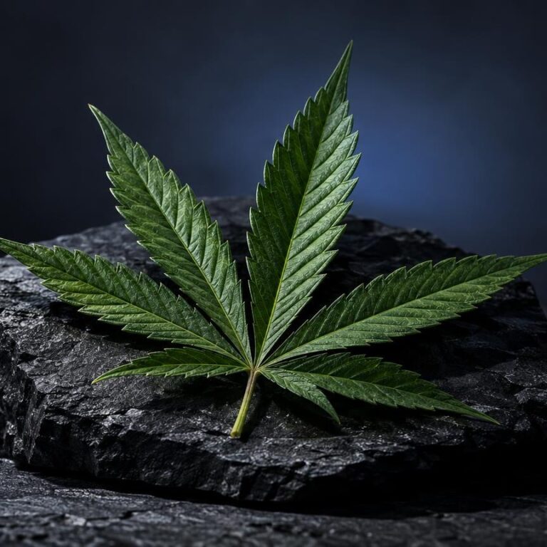Feuille de cannabis avec sept folioles vertes sur une roche noire, fond bleu foncé, pour comparer THCX vs THCP