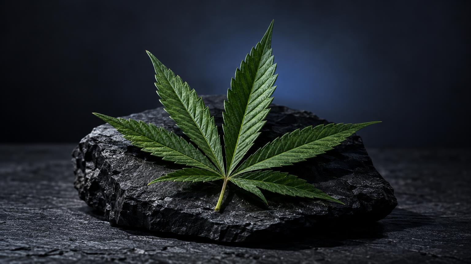 Feuille de cannabis avec sept folioles vertes sur une roche noire, fond bleu foncé