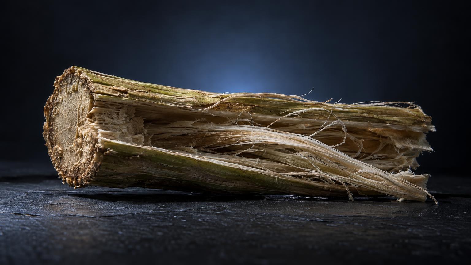 THV-N10 : bois fibreux desséché avec extrémité sciée, sur fond sombre, évoquant une matière première naturelle