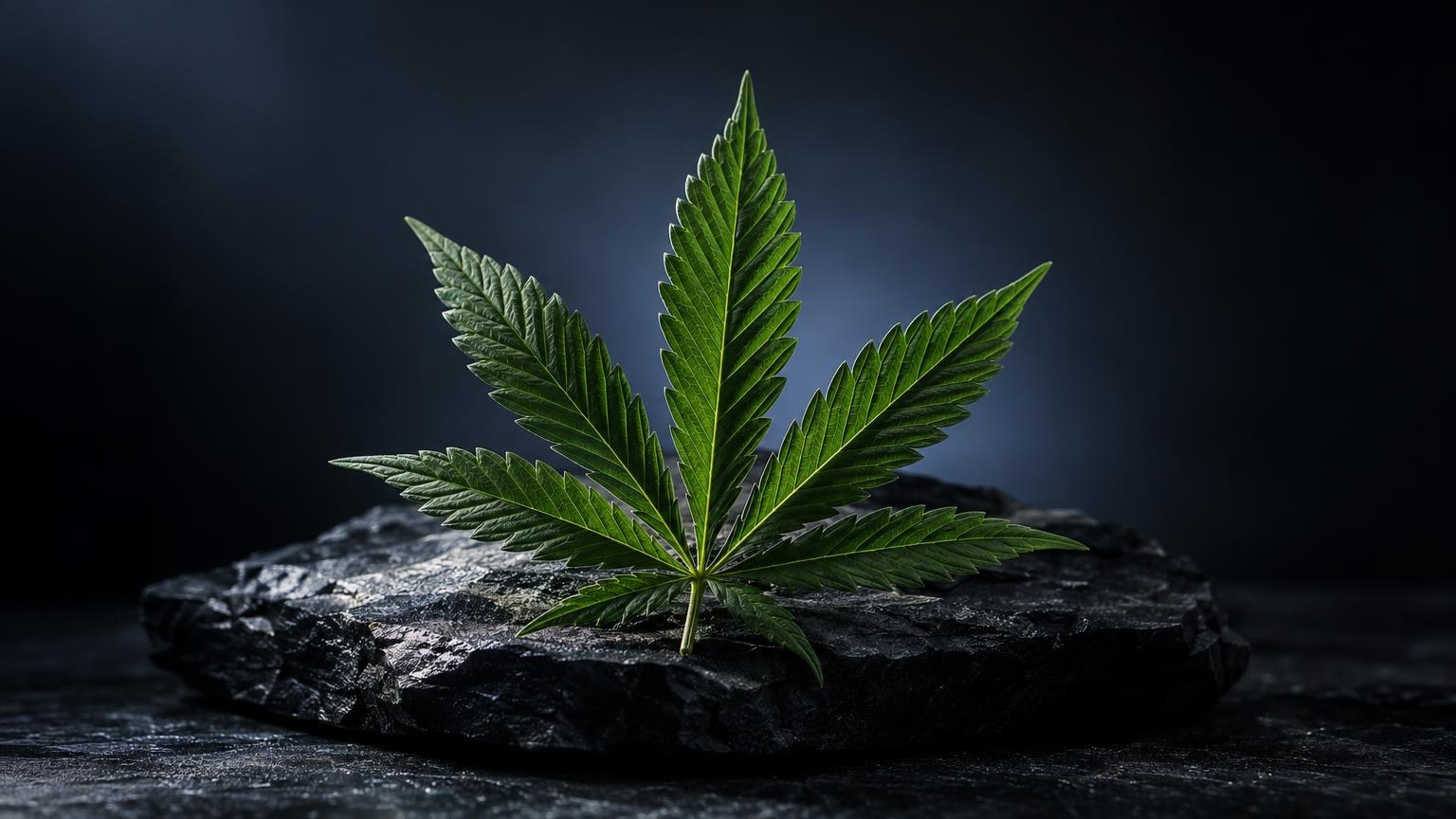 Tonc, c'est quoi : feuille de cannabis verte à sept folioles posée sur une pierre, fond sombre
