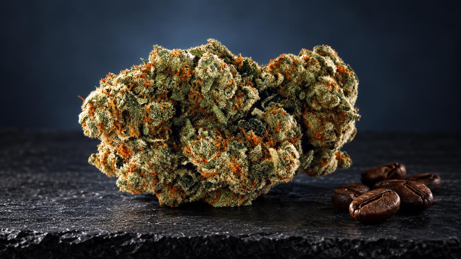 Dense Amnesia buds with golden-brown and green coloring covered in crystalline trichomes on weed, displayed on dark surf
