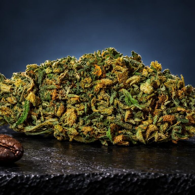 Trim CBD de couleur verte et jaune avec structure florale dense, accompagné de feuilles séchées brunes
