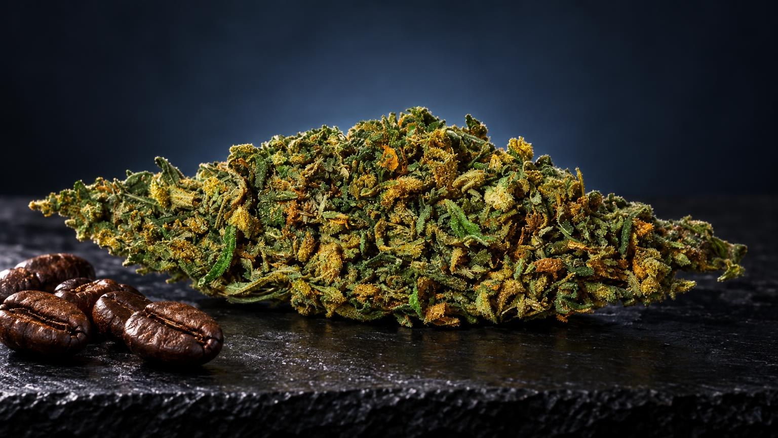 Trim CBD de couleur verte et jaune avec structure florale dense, accompagné de feuilles séchées brunes