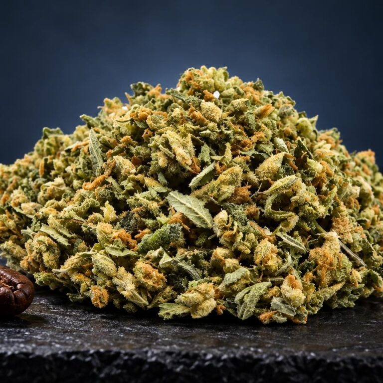 Trim Premium : amas de fleurs séchées jaune-vert aux teintes dorées, accompagné de petites baies marron, sur surface noire