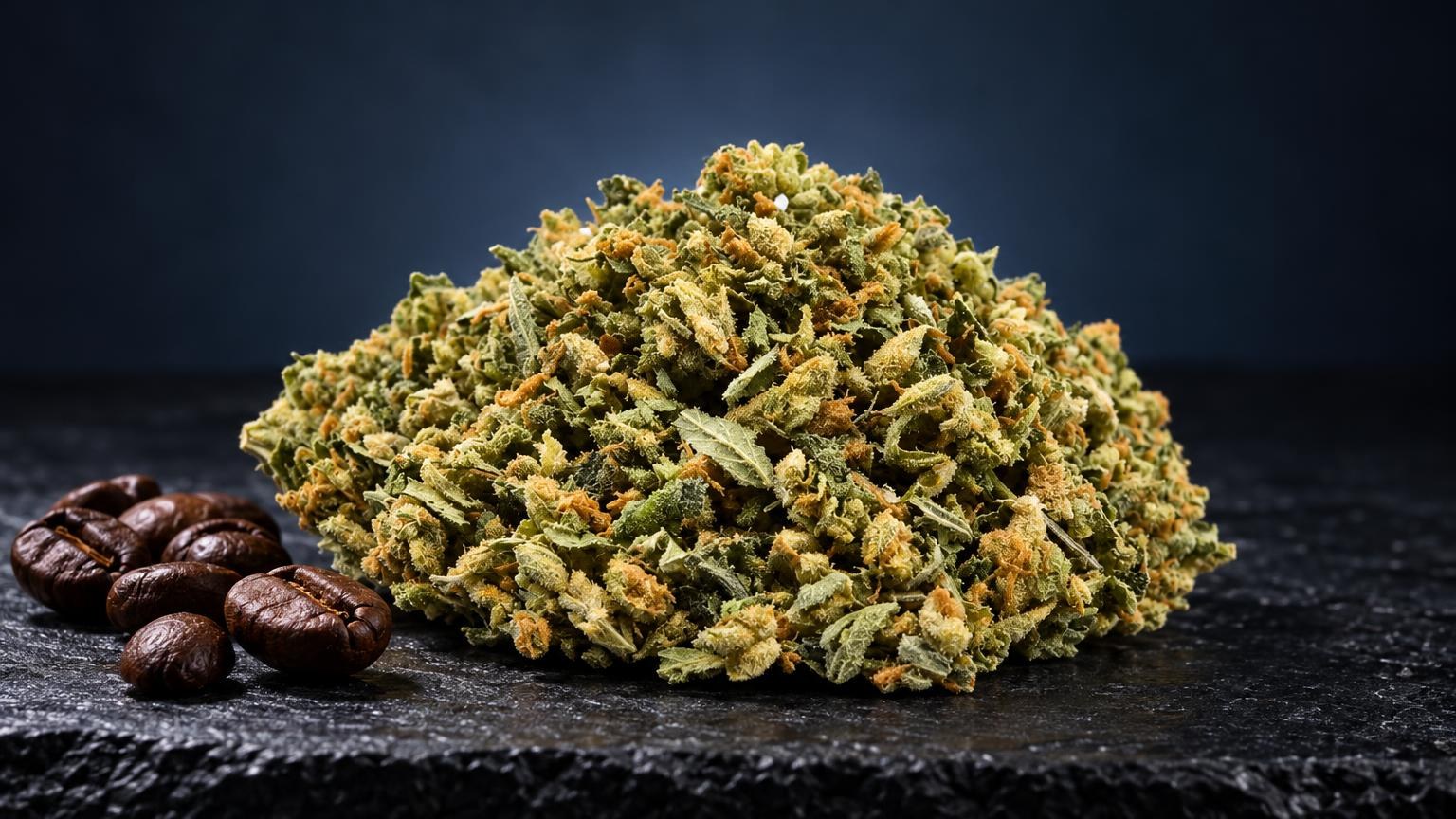 Trim Premium : amas de fleurs séchées jaune-vert aux teintes dorées, accompagné de petites baies marron, sur surface noire