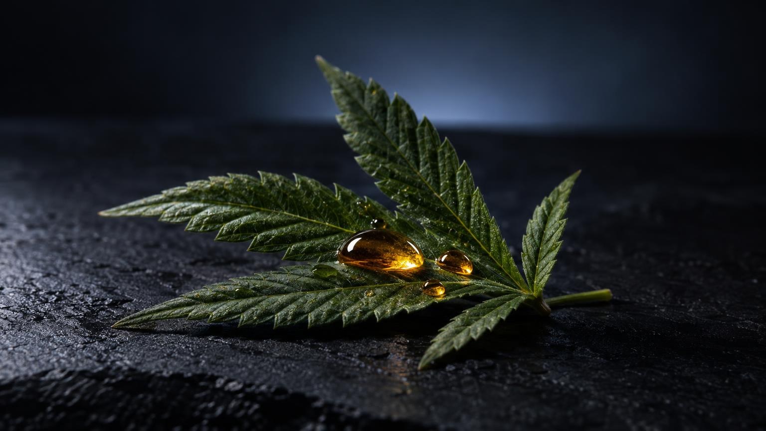 Feuille de cannabis verte avec deux capsules dorées sur surface noire, illustrant la composition du Vape 10-OH-HHC