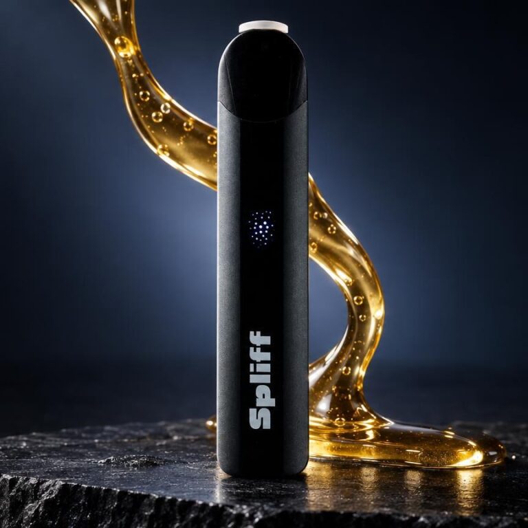 Vape 10-OH-HHC : stylo vape noir Magic Vape avec effet doré liquide, sur surface texturée et fond bleu nuit