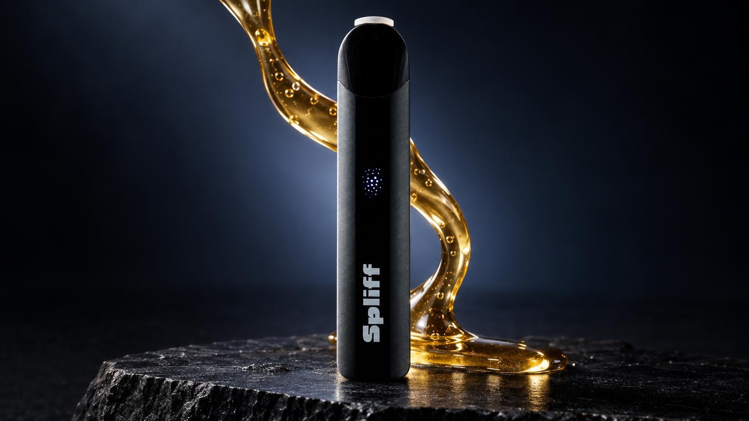 Vape 10-OH-HHC : stylo vape noir Magic Vape avec effet doré liquide, sur surface texturée et fond bleu nuit