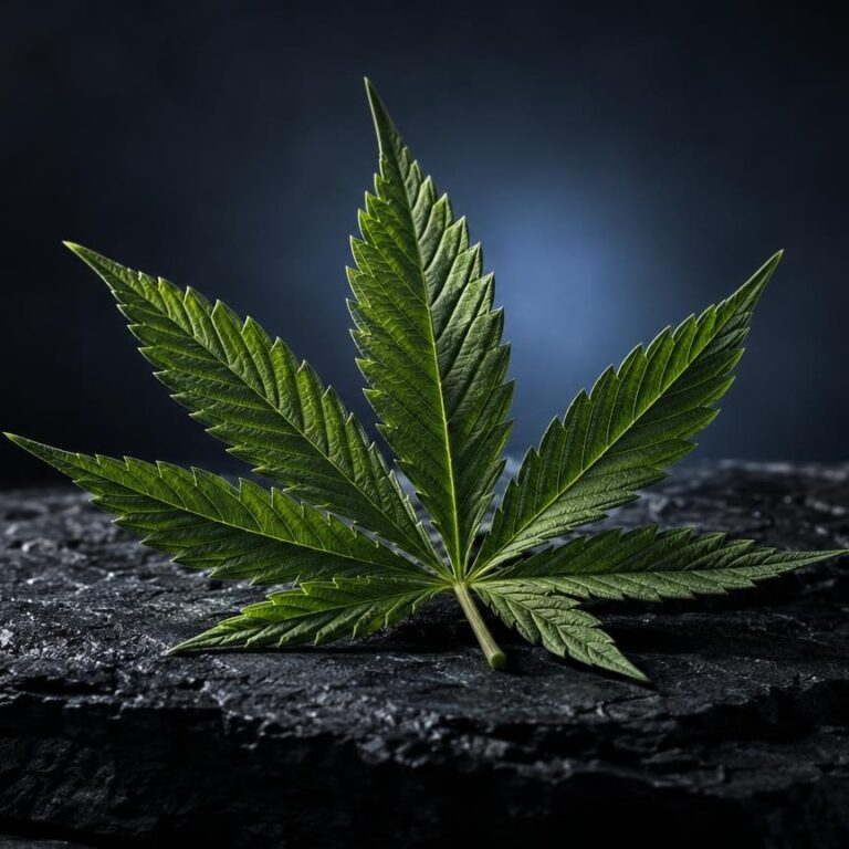 Vape THC : feuille de cannabis verte sur une pierre noire, fond bleu sombre, illustration du cadre légal français