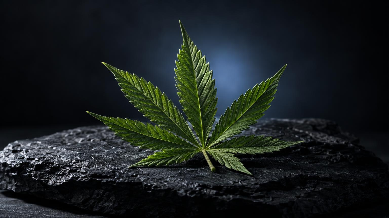 Vape THC : feuille de cannabis verte sur une pierre noire, fond bleu sombre