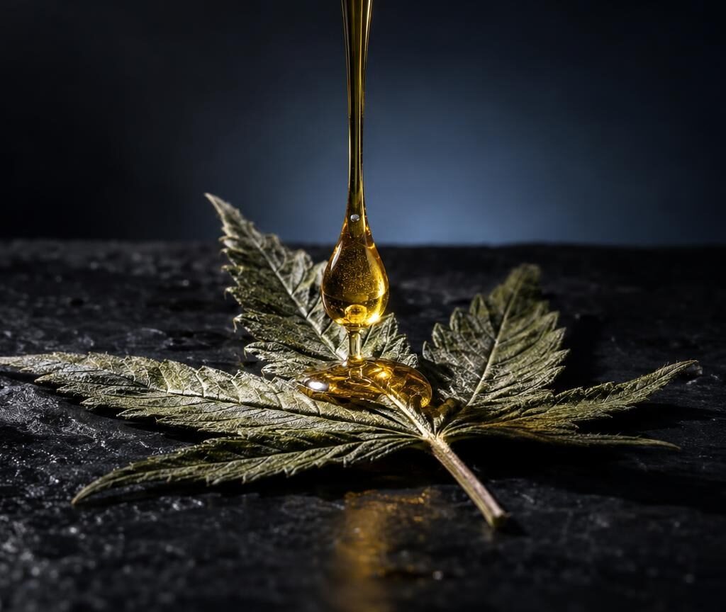 Vaping CBD : feuille de chanvre avec goutte d'huile dorée sur surface noire, évoquant l'extraction de CBD