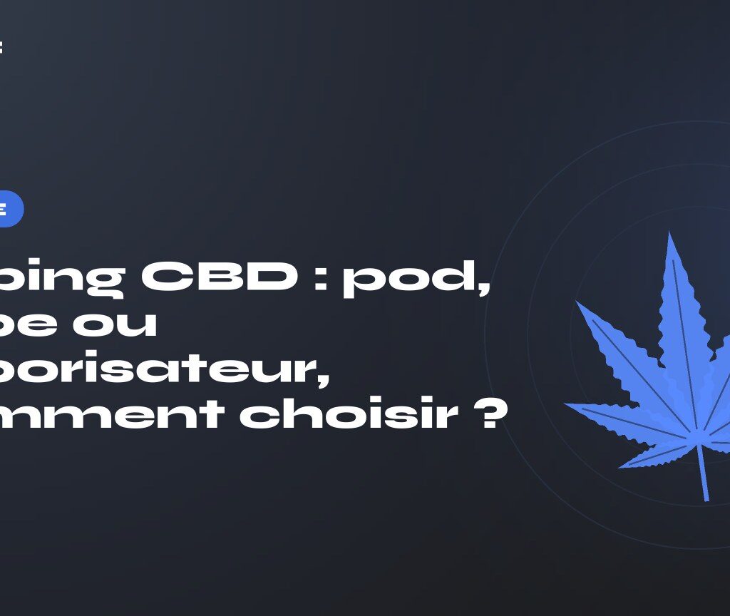 Vaping CBD : titre sur fond sombre, feuille de chanvre stylisée