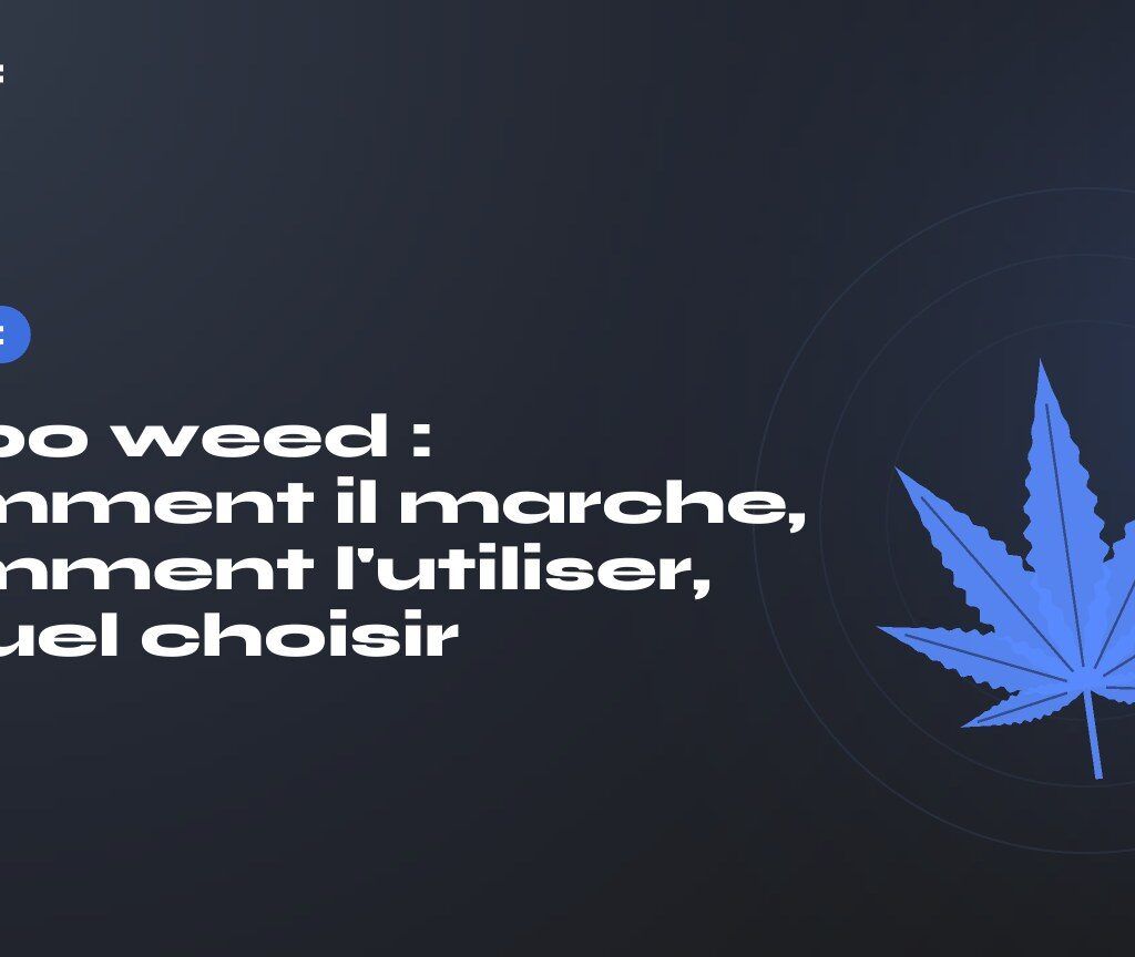 Vapo weed : titre sur fond sombre, feuille de chanvre stylisée