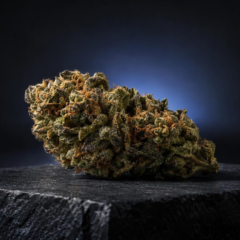 Vaporisateur CBD : fleur de cannabis aux cristaux dorés, posée sur une pierre grise, fond bleu sombre