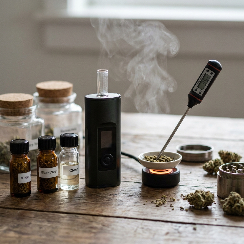 Vaporizer thc mit Dampfentwicklung, daneben Flüsschen und Thermometer auf Holztisch