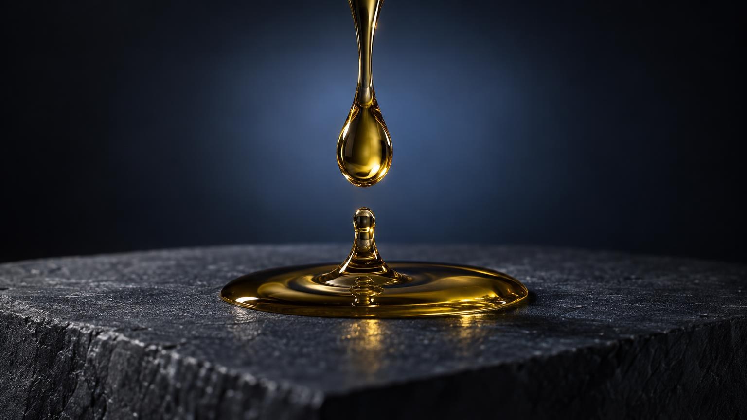 Wat is CBD-olie: goudgele oliedruppel die op een oppervlak valt, symbool voor de vloeistofvorm van CBD-olie