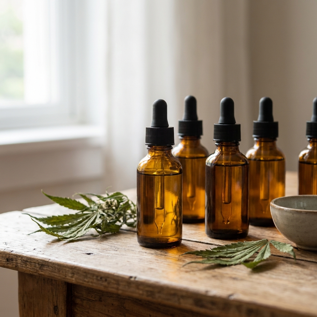 Wat is CBD-olie: bruine flessen met pipet naast cannabisblaadjes op houten tafel, illustreert verpakking van CBD-olie