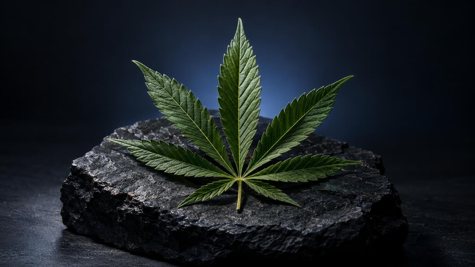 Wat is CBN: cannabisblad met vijf punten op donkere rots tegen grijze achtergrond
