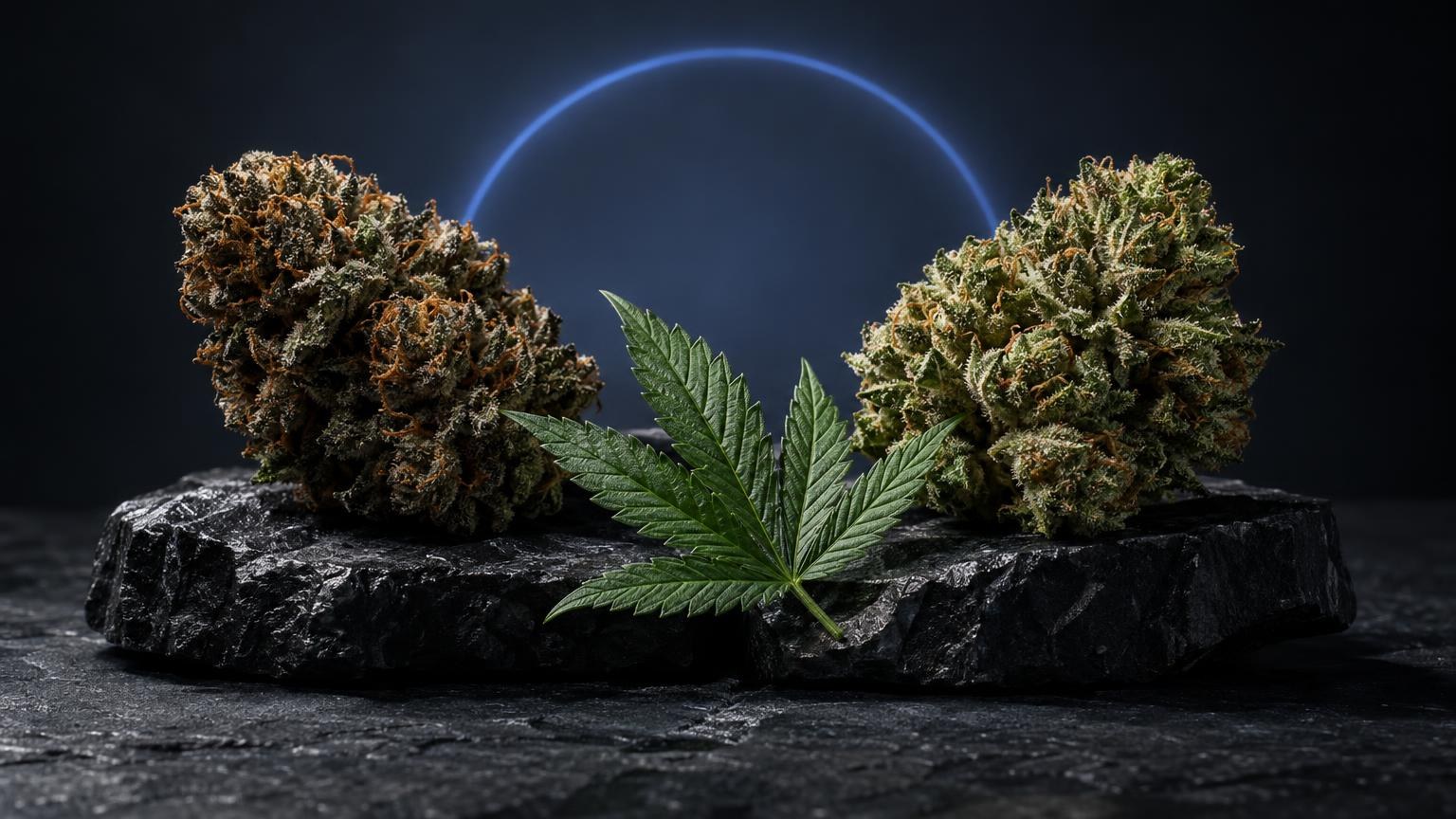 Wat is HHC: cannabisplanten en blad op rots met blauwe cirkel, illustratie van cannabinoïden