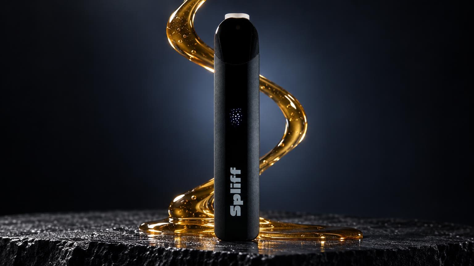 Wat is THCP: magic Vape in zwart met gouden vloeistofstromen, toont de vorm en materiaal van een vaporizer voor cannabin