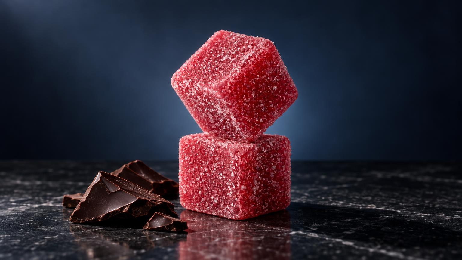 Wat zijn edibles: twee roze suikergecoate snoepjes in kubusvorm naast donkere chocoladestukken op donkergrijze ondergron
