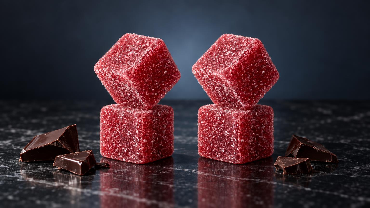 Weed Gummibärchen: zwei quadratische Bonbons mit rosa Zuckerüberzug, daneben Schokoladenstücke auf dunklem Untergrund