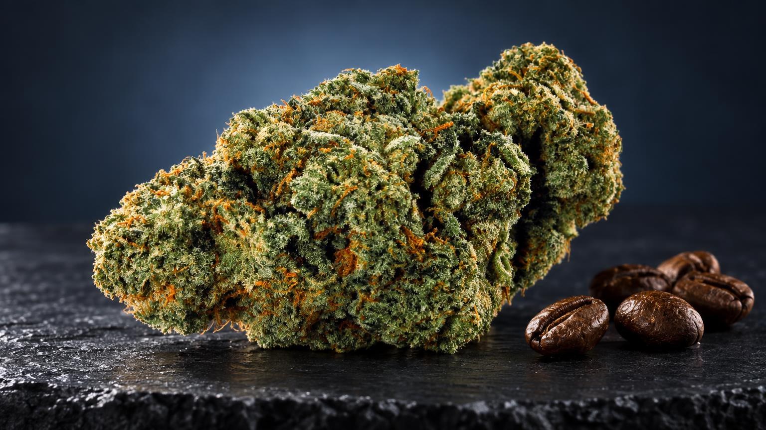 Weed Sorten: dichte grün-goldene Blüte mit orangebraunen Härchen neben braunen Samen, Porträt einer Weed Sorte