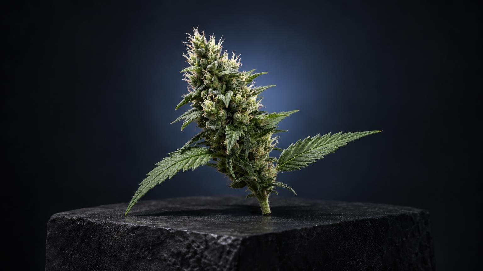 Cannabis flower with dense buds and visible trichomes on dark stone surface, illustrating What Is THCP plant source