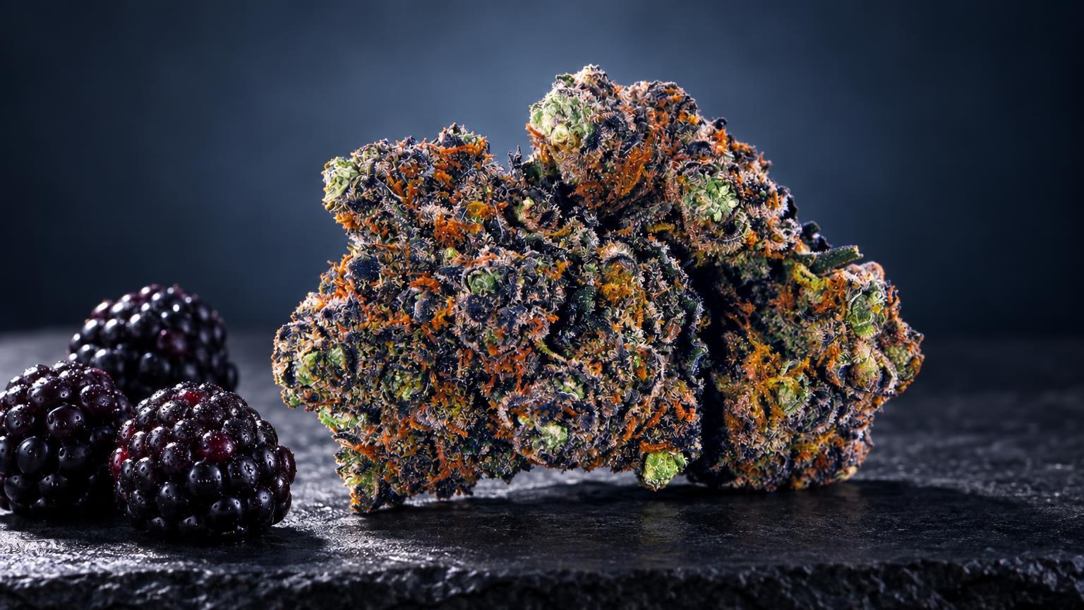White Widow CBD: flores densas de Purple Haze con tricomas dorados y verdes, junto a moras negras