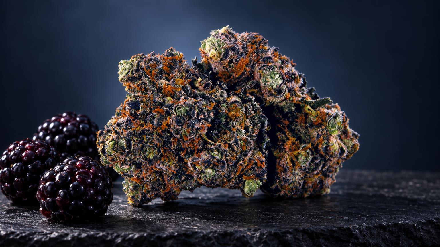 White Widow CBD: flores de cannabis Purple Haze con tricomas naranjas y verdes junto a frutos rojos, sobre superficie os
