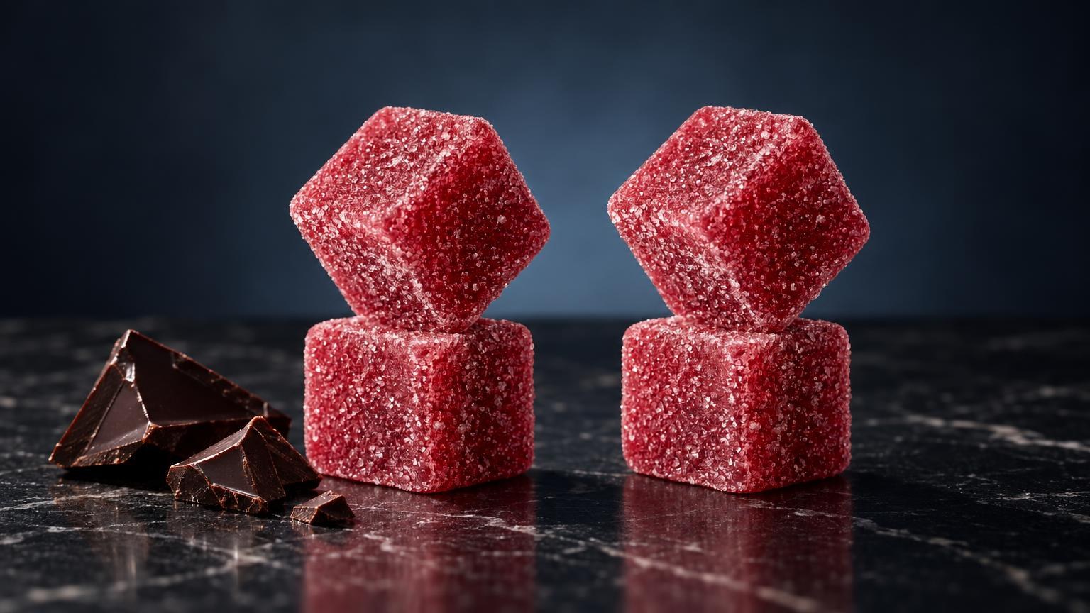 Wietolie: rode kristalvormige snoepjes met suikerlaag, naast chocoladestukjes op donkere ondergrond