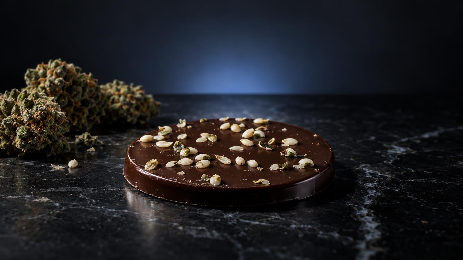 Chocolate tart with peanuts on dark marble surface, cannabis flower buds nearby
